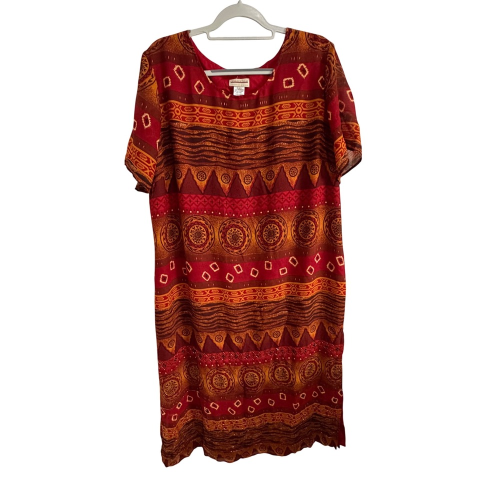 Expressions Boho Tribal Midi Dress 24W Long Maxi Style Beaded Y2K Vintage Resort